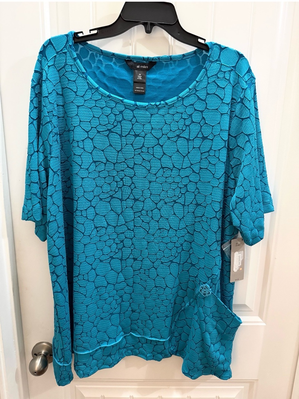 NWT Ali Miles Teal Textured Short-Sleeve Women's Top 2x. Artsy. Lagenlook
